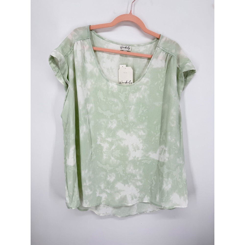 Wonderly Blouse Women 2X Green Tie Dye Short Sleeve Cuffed Scoop Neck Top